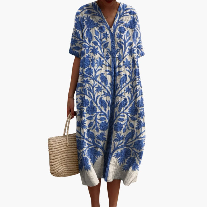 Hochzeitsgast-Midi-Kleid für Damen – Geblümt mit V-Ausschnitt 1
