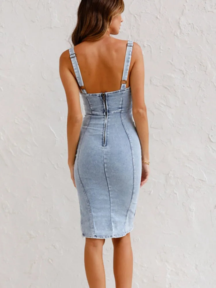Jeanskleid Slim Fit mit verstellbaren Traegern fuer Damen 4