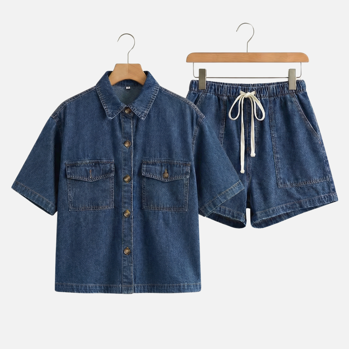 Lässiges Damen-Set aus Jeanshemd und Shorts mit elastischem Bund