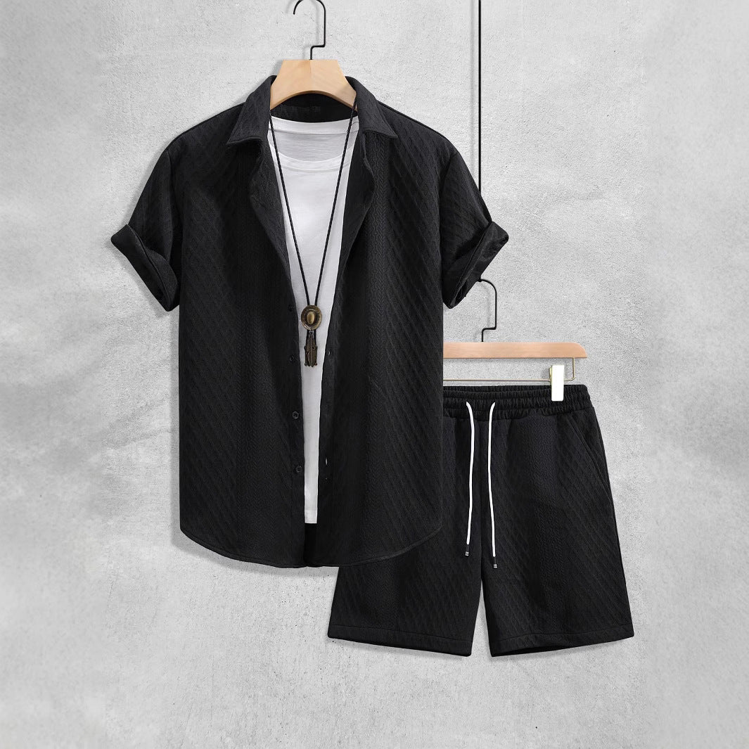 Laessiges Strukturstrick Sommer Set mit Kordelzug Shorts fuer Herren 2