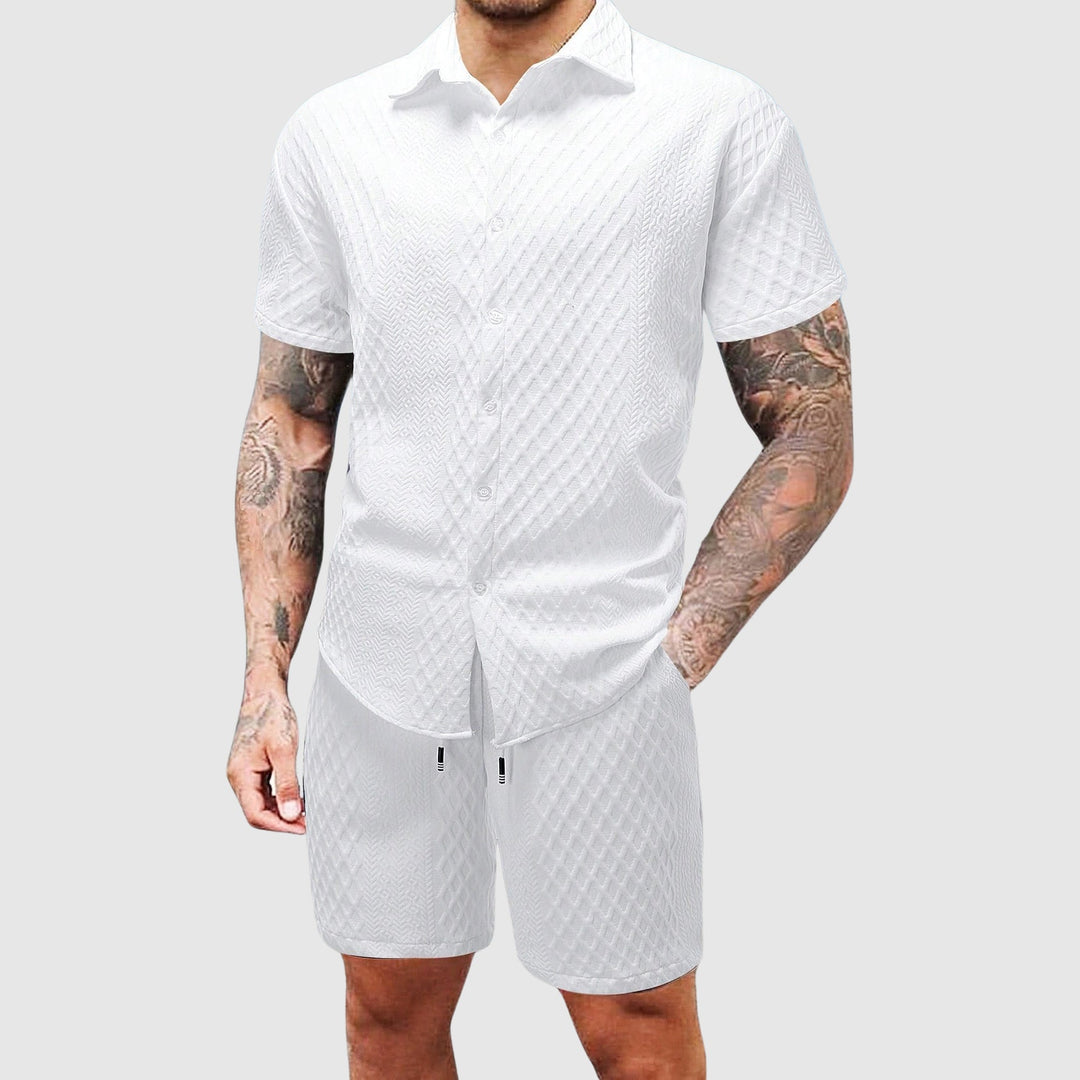 Laessiges Strukturstrick Sommer Set mit Kordelzug Shorts fuer Herren 4