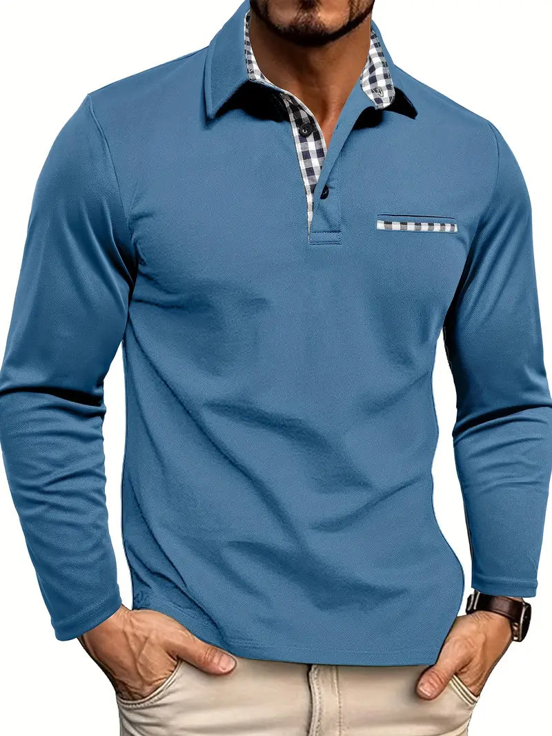 Langarm Polo Shirt mit Karokragen fuer Herren 1
