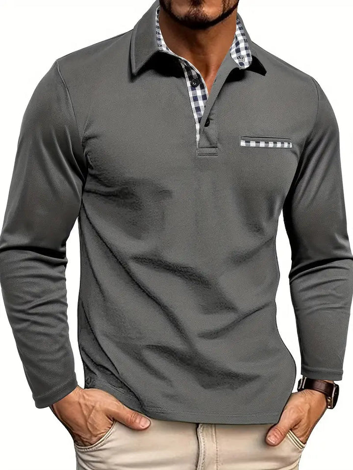 Langarm Polo Shirt mit Karokragen fuer Herren 4