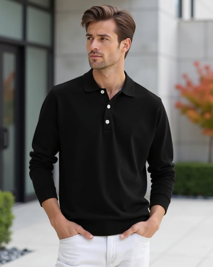 Langarm Poloshirt mit Knopfleistenkragen fuer Herren 2