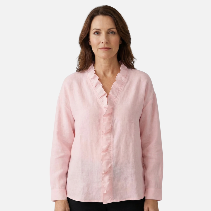Leichte Leinenbluse Fit V-Ausschnitt mit Rüschen für Damen