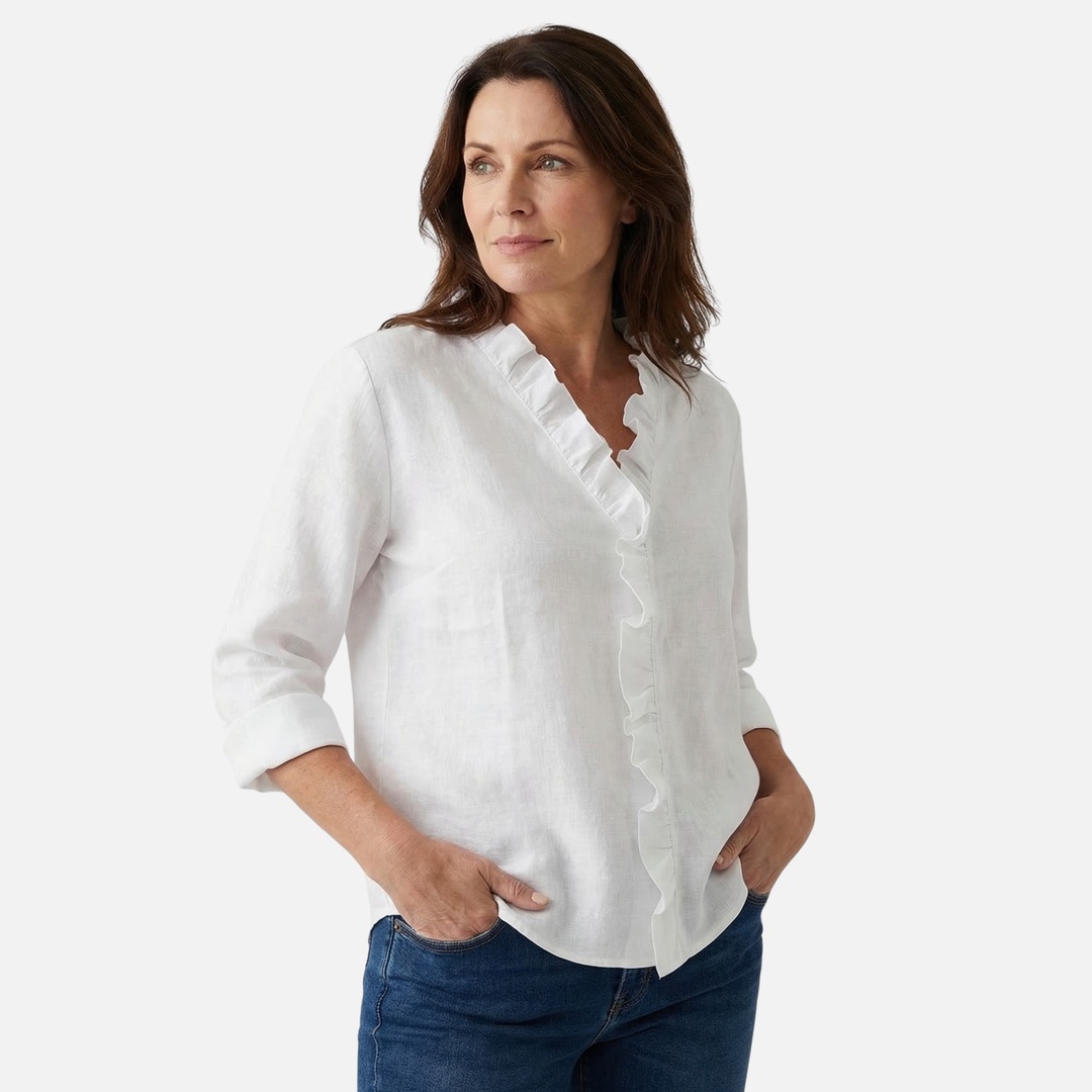Leichte Leinenbluse Fit V-Ausschnitt mit Rüschen für Damen