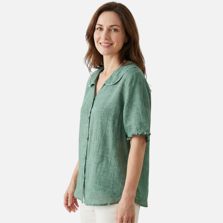 Leichte Sommer Leinenbluse – Lockere Passform mit Muschelkragen für Damen