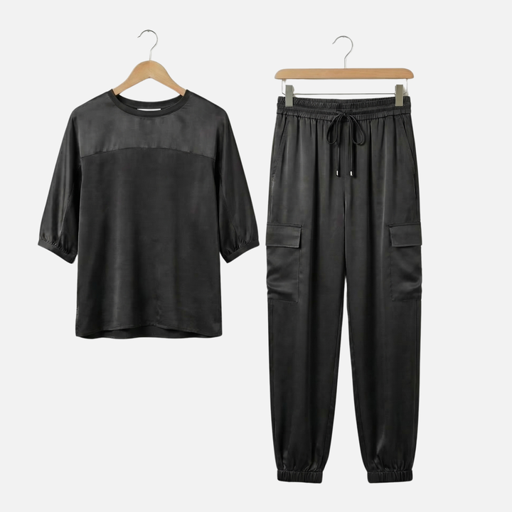 Leichtes Satin Set – Lockere Kurzarmbluse und Hose für Damen