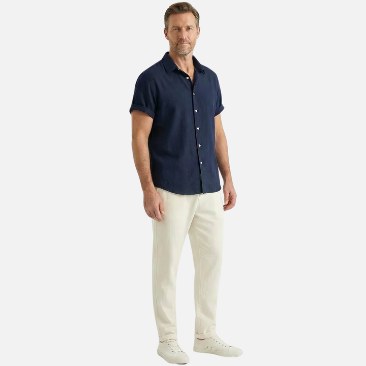 Leichtes, lässiges Leinen-Set für Herren mit Knopfleiste und Taschen