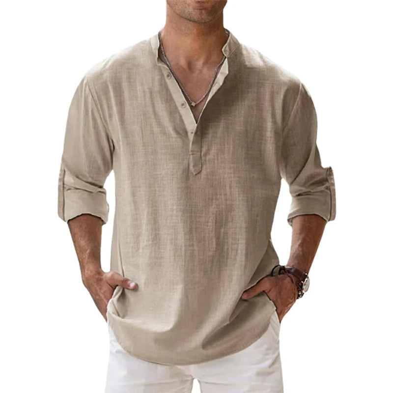 Leinen-Henley-Shirt für Herren – Lockere Passform und Knopfhalsausschnitt 1