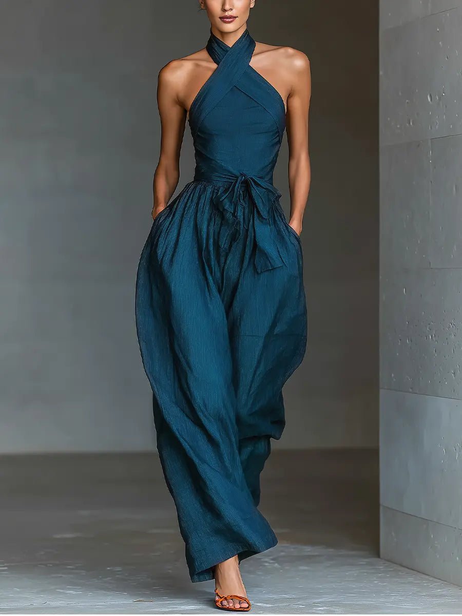 Leinen-Jumpsuit für Damen – Neckholder und weite Beine 1