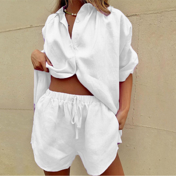 Leinen Lounge Set Shirt Shorts fuer Damen 2