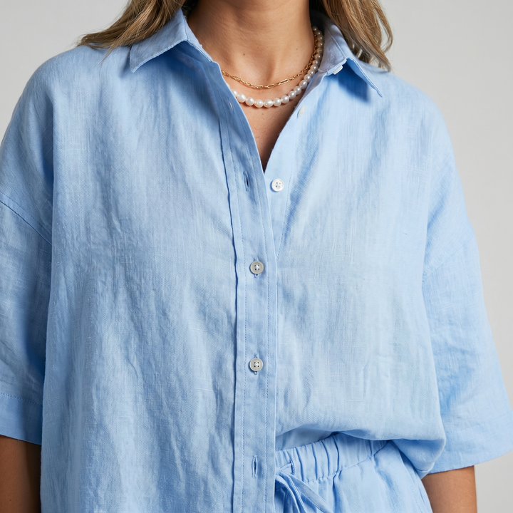 Leinen Lounge Set Shirt Shorts fuer Damen 7