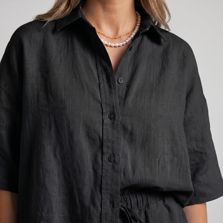 Leinen Lounge Set Shirt Shorts fuer Damen 8
