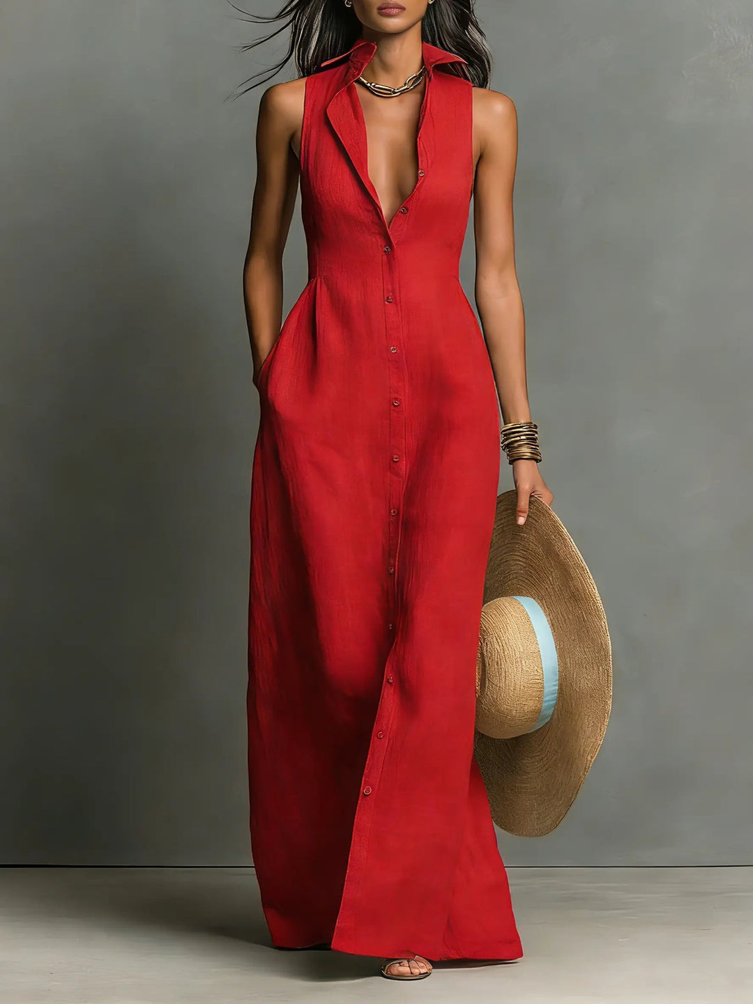 Leinen-Maxi-Hemdblusenkleid für Damen – Ärmellos und mit Knopfleiste 1