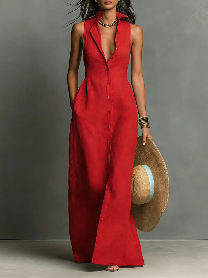 Leinen-Maxi-Hemdblusenkleid für Damen – Ärmellos und mit Knopfleiste 1