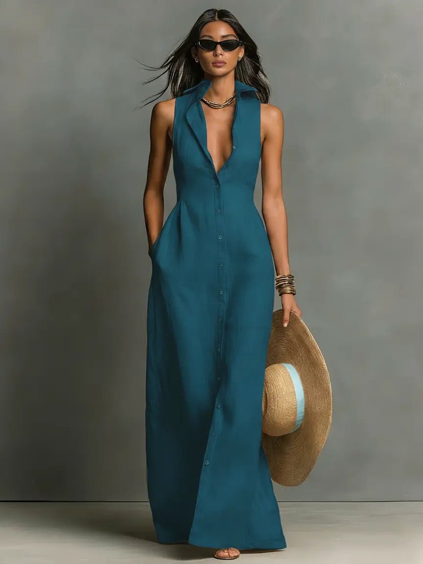 Leinen-Maxi-Hemdblusenkleid für Damen – Ärmellos und mit Knopfleiste 3