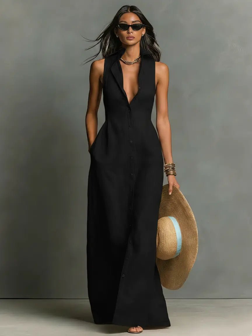 Leinen-Maxi-Hemdblusenkleid für Damen – Ärmellos und mit Knopfleiste 4