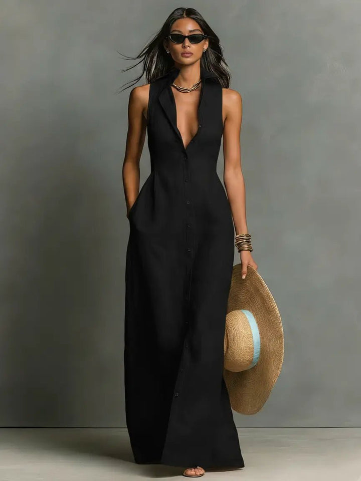 Leinen-Maxi-Hemdblusenkleid für Damen – Ärmellos und mit Knopfleiste 4