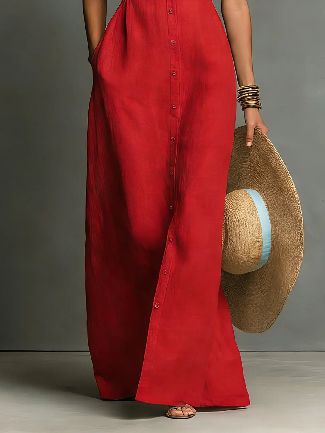Leinen-Maxi-Hemdblusenkleid für Damen – Ärmellos und mit Knopfleiste 6