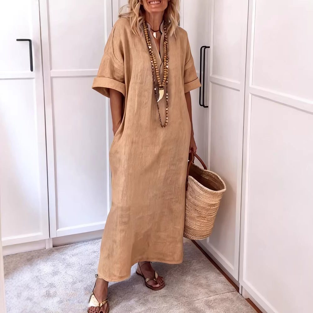 Leinen-Maxi-Shiftkleid für Damen – Mit V-Ausschnitt und Taschen 3