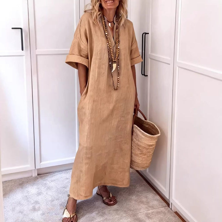 Leinen-Maxi-Shiftkleid für Damen – Mit V-Ausschnitt und Taschen 3