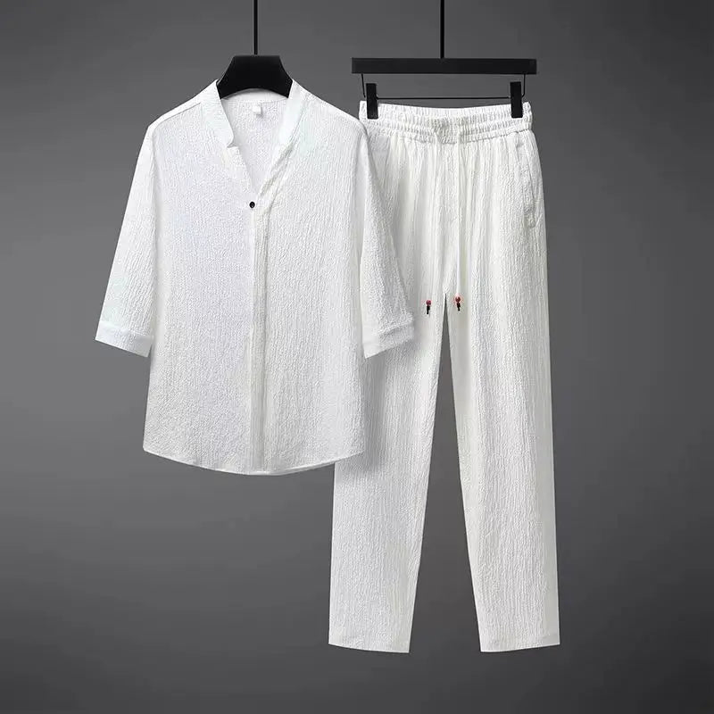 Leinen-Zweiteiler für Damen – Mit V-Ausschnitt-Hemd und Hose 1