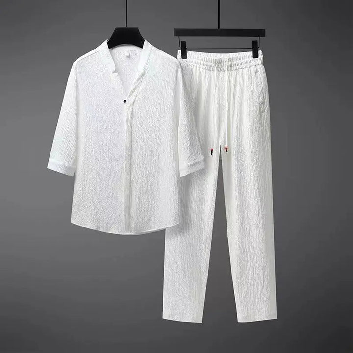 Leinen-Zweiteiler für Damen – Mit V-Ausschnitt-Hemd und Hose 1