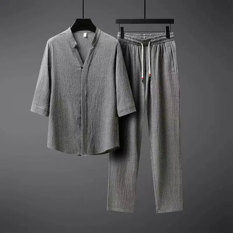 Leinen-Zweiteiler für Damen – Mit V-Ausschnitt-Hemd und Hose 4