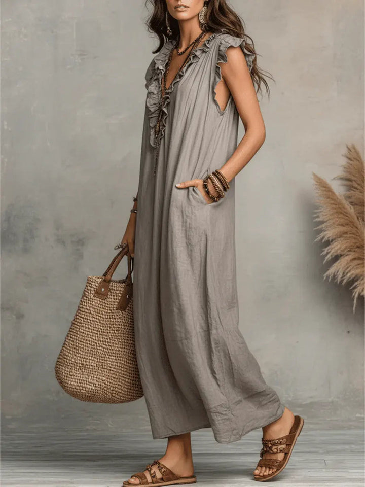 Leinenlook-Maxikleid für Damen – Mit Rüschenkragen und Taschen 2