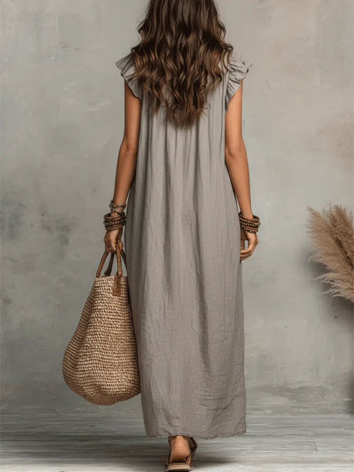 Leinenlook-Maxikleid für Damen – Mit Rüschenkragen und Taschen 3