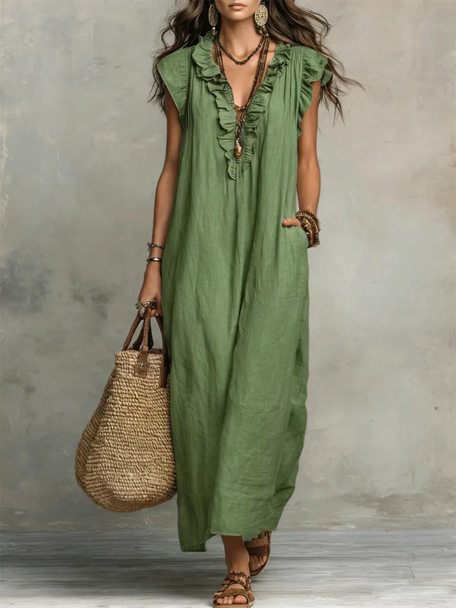 Leinenlook-Maxikleid für Damen – Mit Rüschenkragen und Taschen 4