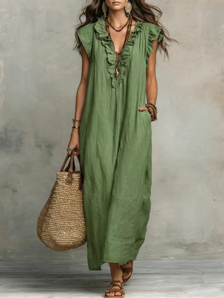 Leinenlook-Maxikleid für Damen – Mit Rüschenkragen und Taschen 4