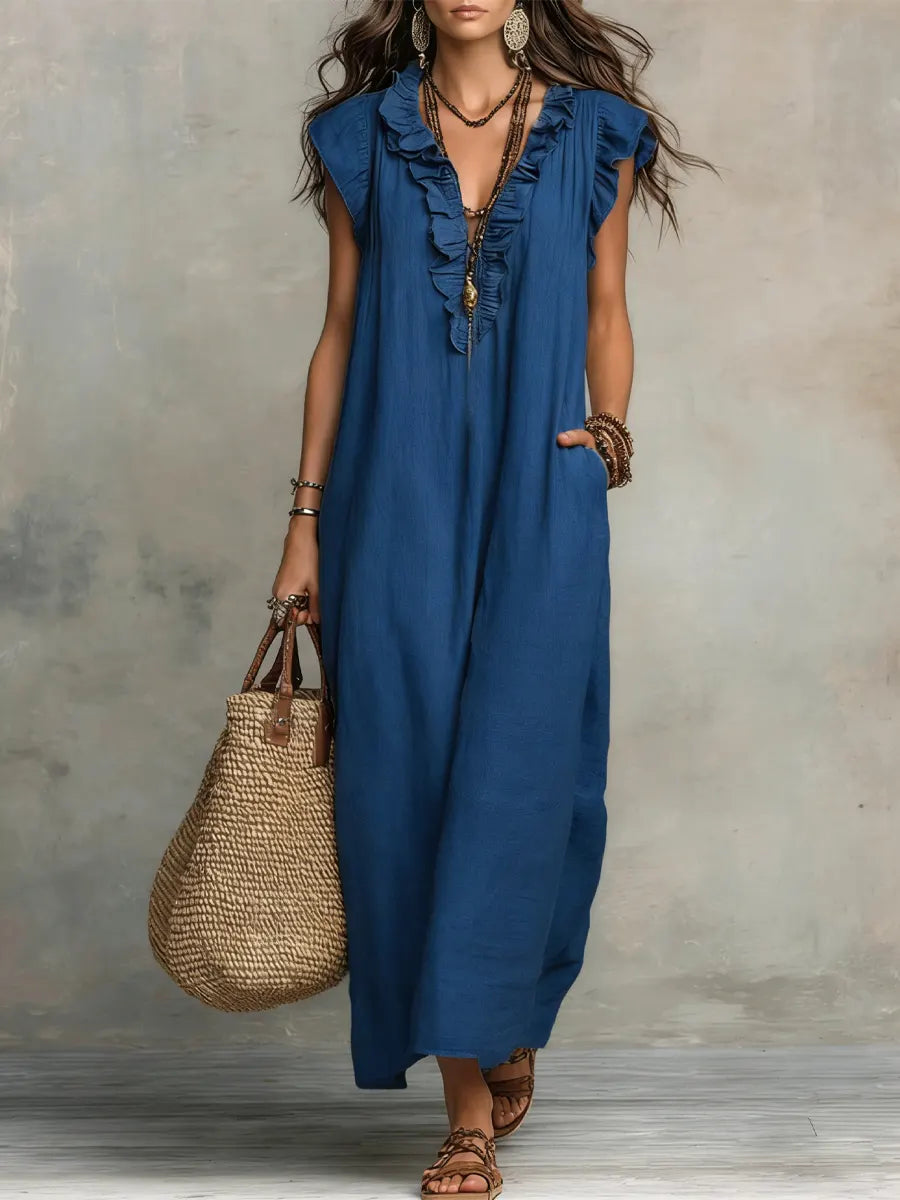 Leinenlook-Maxikleid für Damen – Mit Rüschenkragen und Taschen 5