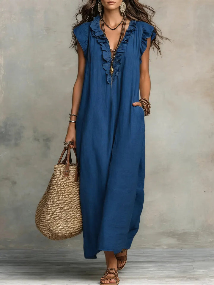 Leinenlook-Maxikleid für Damen – Mit Rüschenkragen und Taschen 5