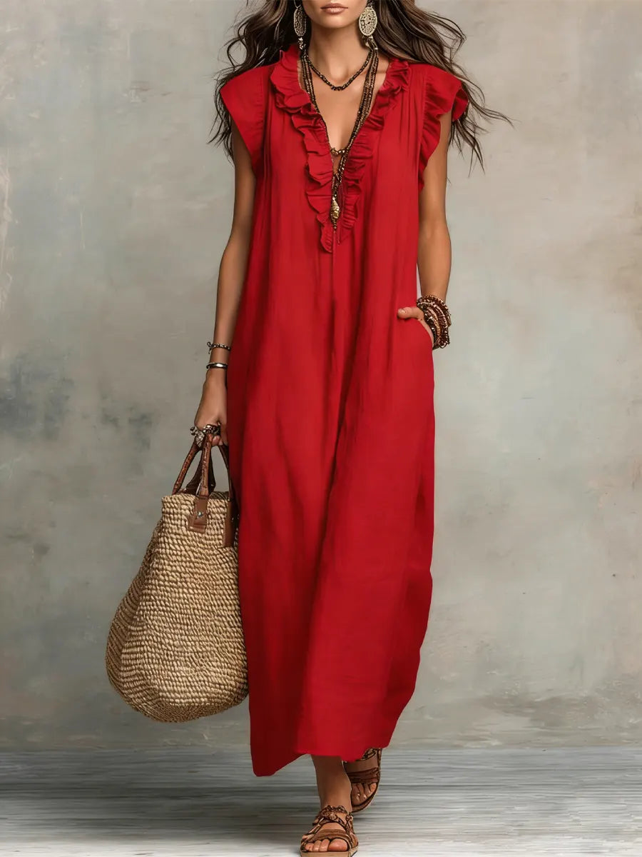 Leinenlook-Maxikleid für Damen – Mit Rüschenkragen und Taschen 6
