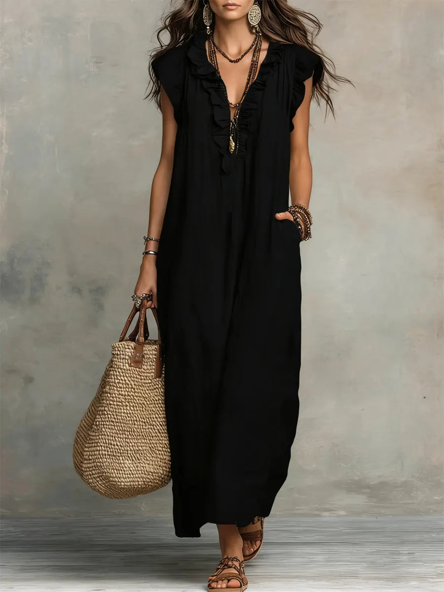 Leinenlook-Maxikleid für Damen – Mit Rüschenkragen und Taschen 8