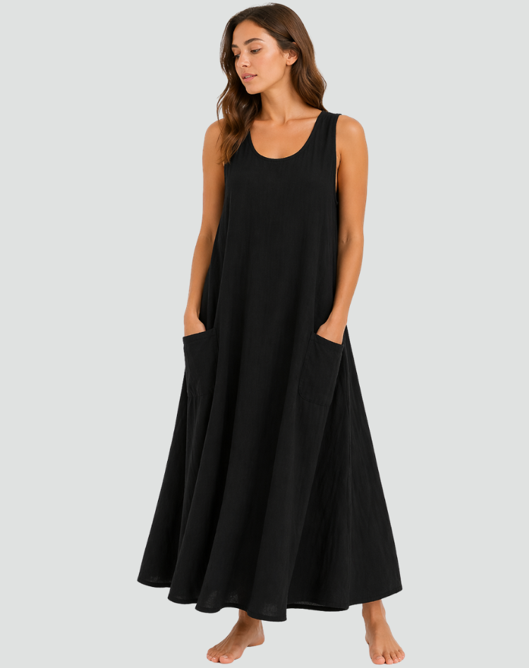 Lniana sukienka maxi damska – Luźny krój z kieszeniami