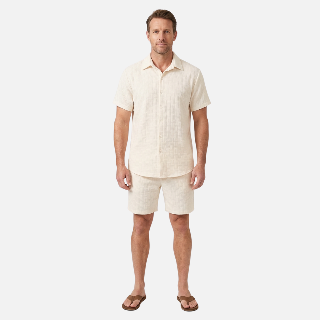 Texturiertes Baumwoll-Sommer-Set – Lockeres Hemd & Shorts mit Kordelzug für Herren