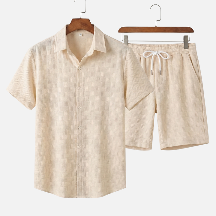 Texturiertes Baumwoll-Sommer-Set – Lockeres Hemd & Shorts mit Kordelzug für Herren