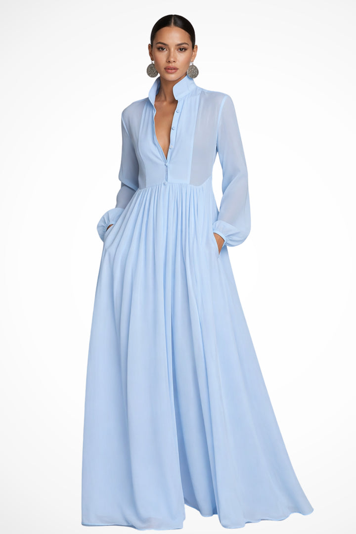 Long-Sleeve Maxi Dress für Damen – Mit Taschen und Knopfleiste 1