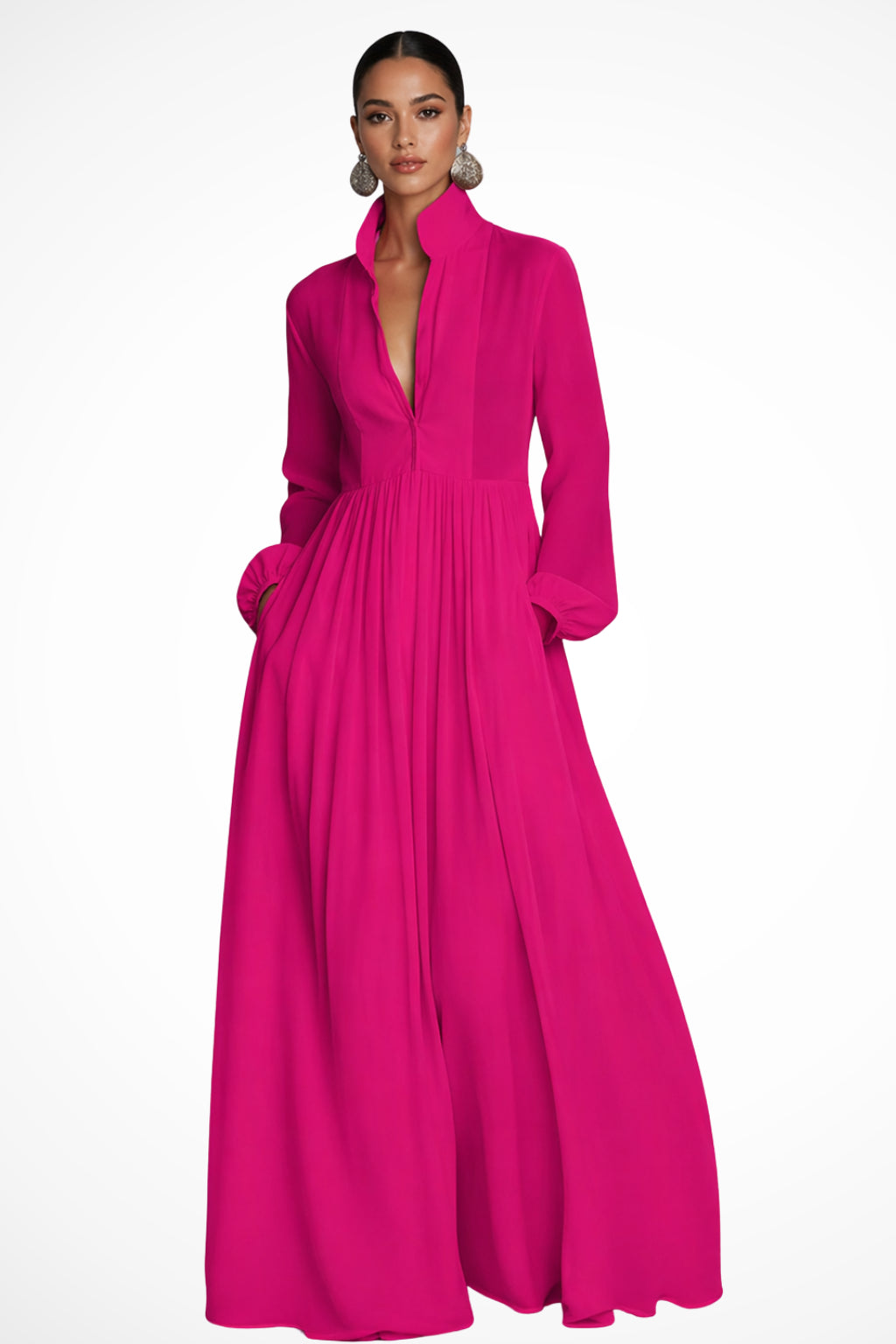 Long-Sleeve Maxi Dress für Damen – Mit Taschen und Knopfleiste 2