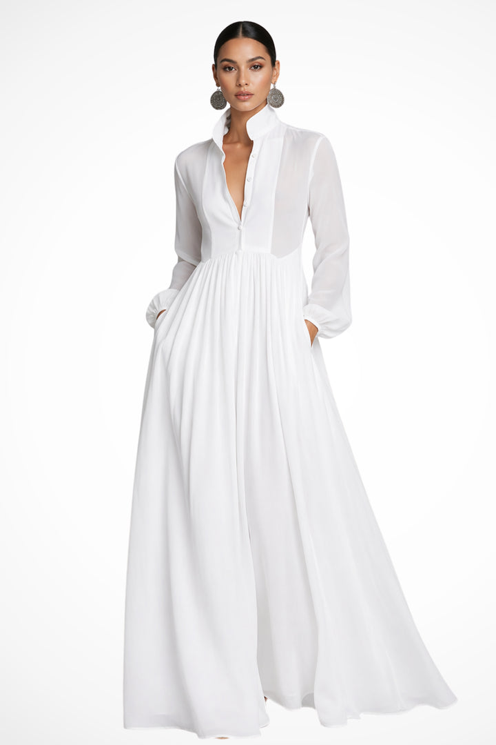 Long-Sleeve Maxi Dress für Damen – Mit Taschen und Knopfleiste 3