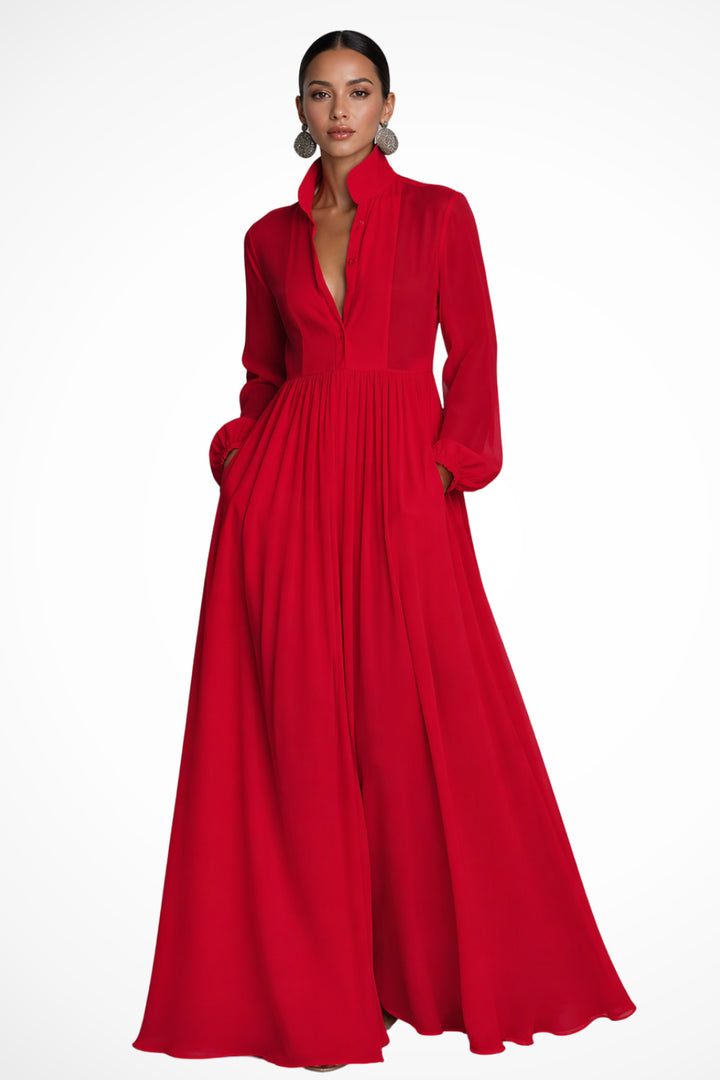 Long-Sleeve Maxi Dress für Damen – Mit Taschen und Knopfleiste 4