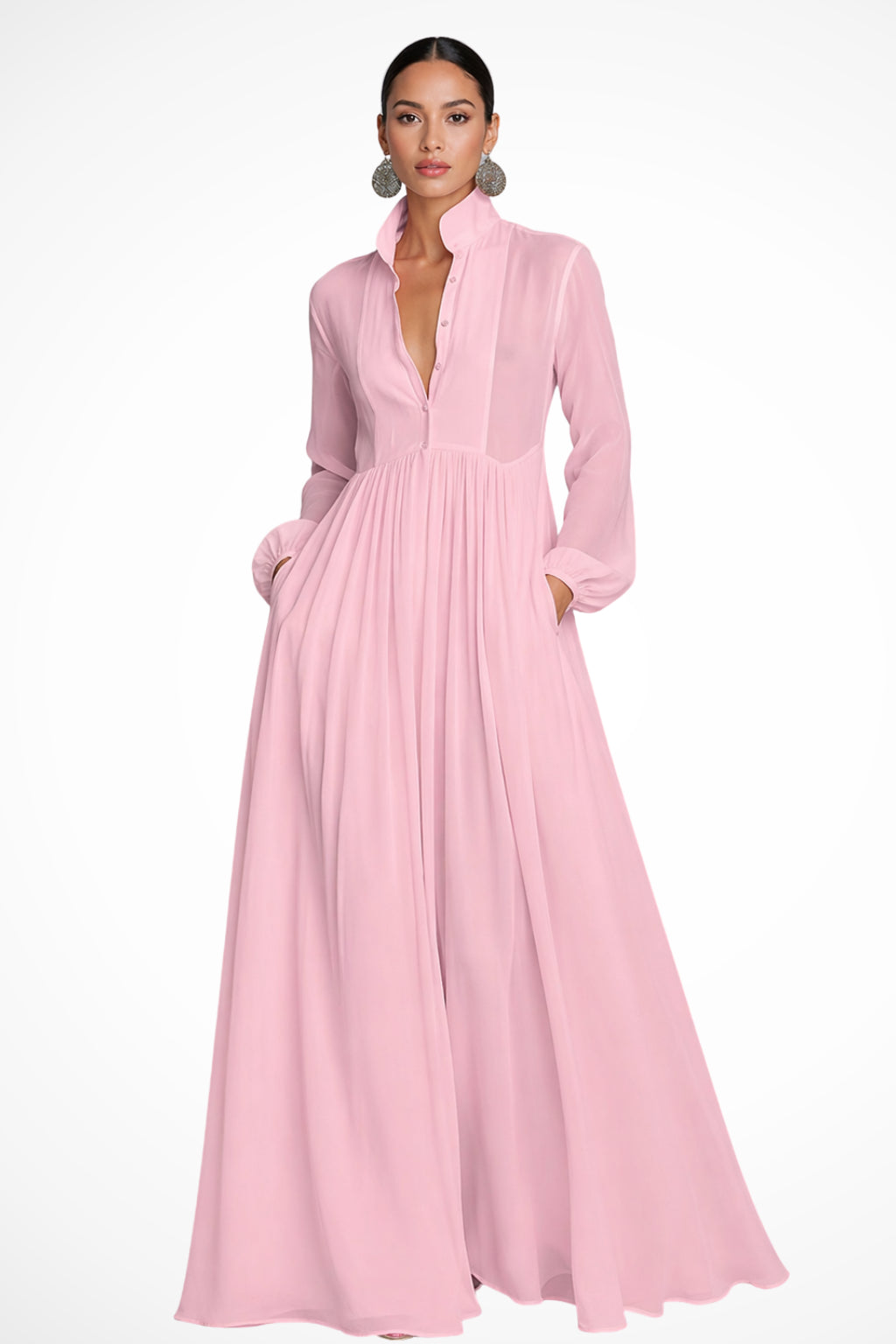Long-Sleeve Maxi Dress für Damen – Mit Taschen und Knopfleiste 5