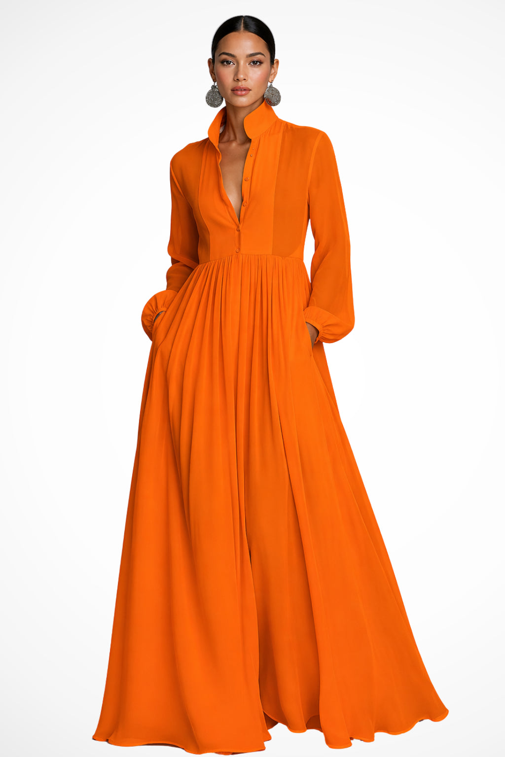 Long-Sleeve Maxi Dress für Damen – Mit Taschen und Knopfleiste 6