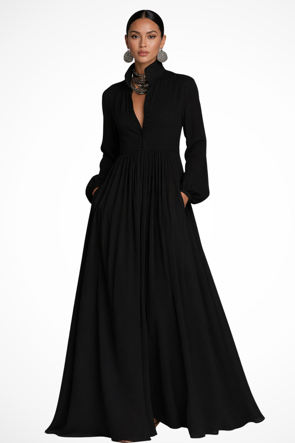 Long-Sleeve Maxi Dress für Damen – Mit Taschen und Knopfleiste 8
