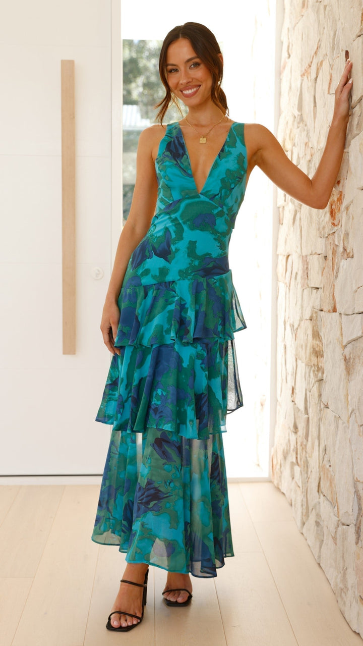 Luftiges Chiffon Maxikleid mit Blumenmuster fuer Damen 2