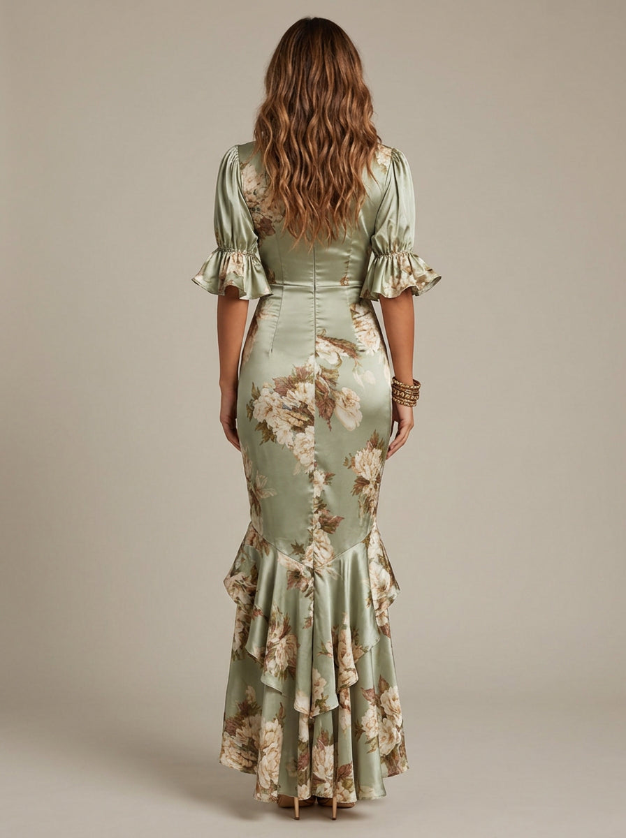 Maxi-Kleid für Damen – Geblümt mit V-Ausschnitt 2