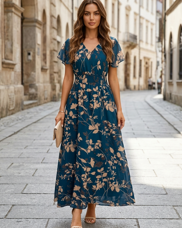 Maxi-Kleid für Damen – Geblümt mit Volantärmeln & gesmokter Taille 1